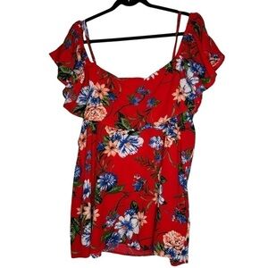 Umgee Cold Shoulder Top Red Floral blouse plus size 2X